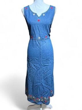 Agapo Vintage Embroidered Denim Maxi Dress Floral Cottagecore Y2K Size L Boho